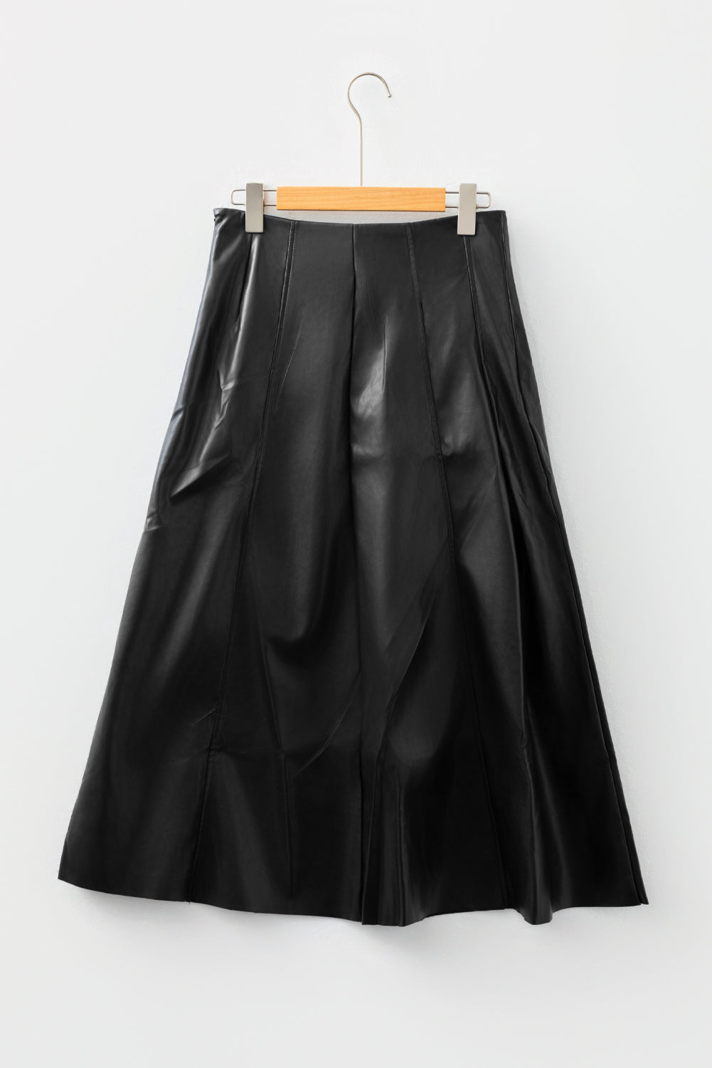 Faux Buckle Leather Retro Detail Pleated Stitch Flared Midi Skirt in Black