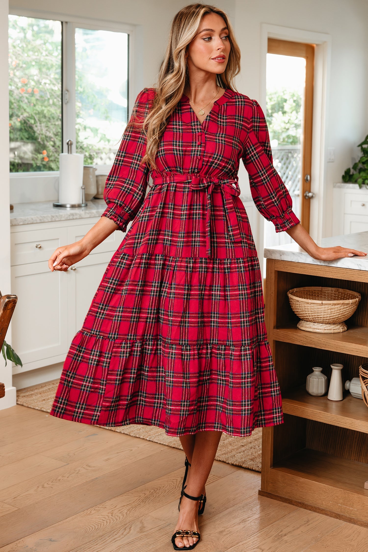Christmas Plaid V-Neck 3/4 Sleeve Tie Waist Ruffle Hem Long Dress