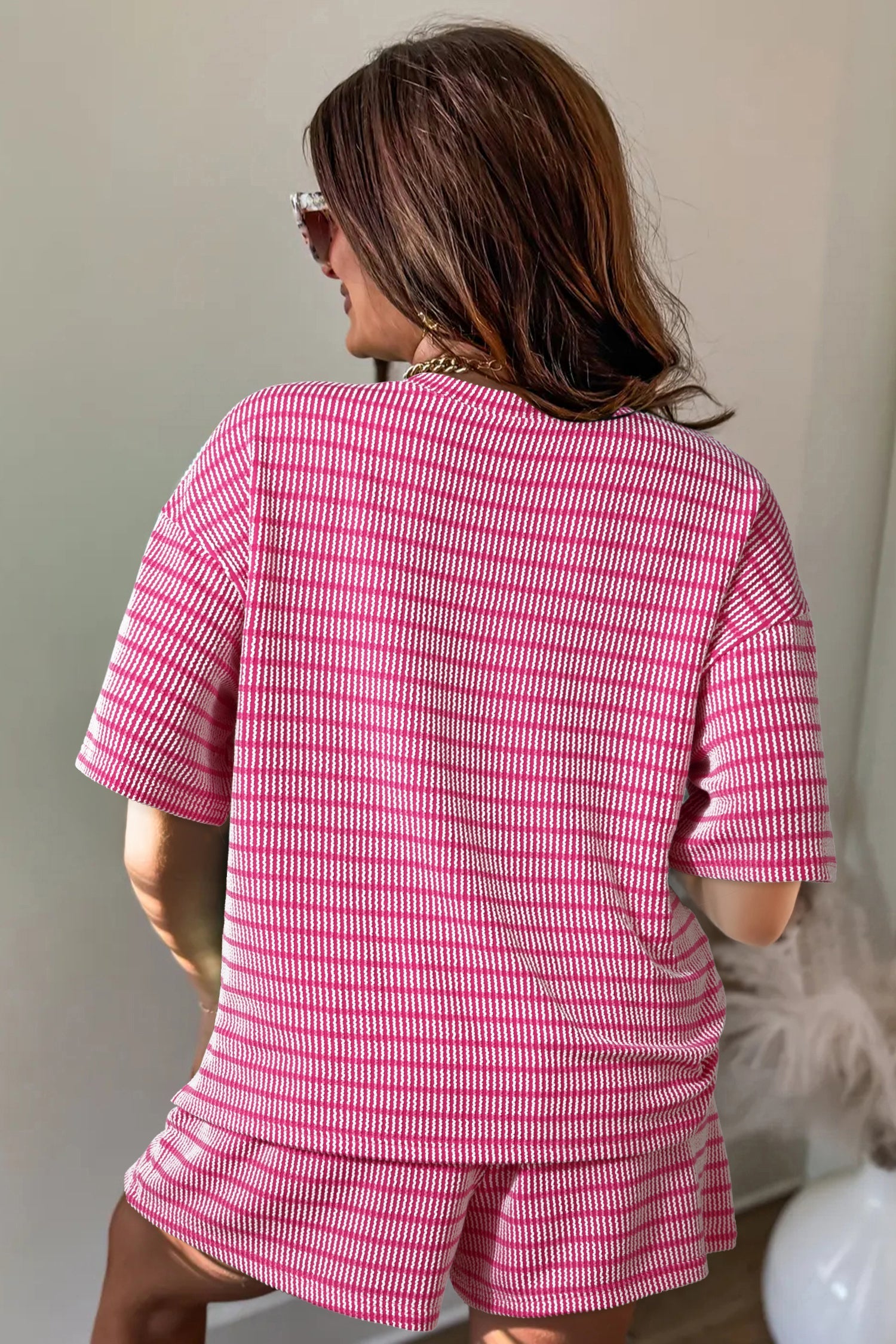 Rose Rib Stripe Raised Loose Tee Drawcord Elastic Waist 2pcs Short Set