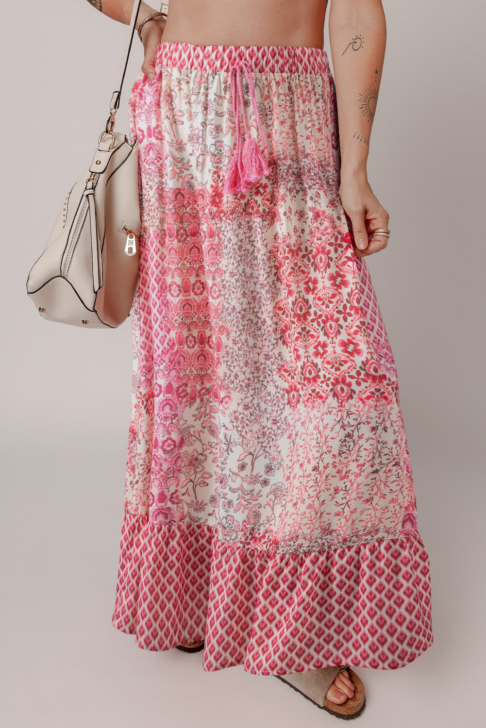 Boho Tassel Pattern Print Drawcord Elastic Waistband Maxi Skirt in Red