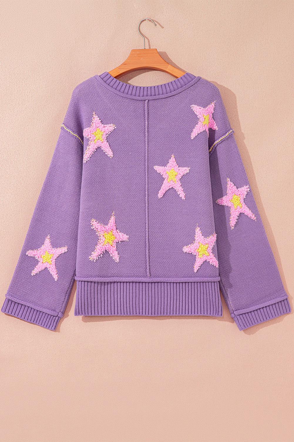 Graphic Brushed Star V-Neck Drop-Shoulder Oversize Knit Top