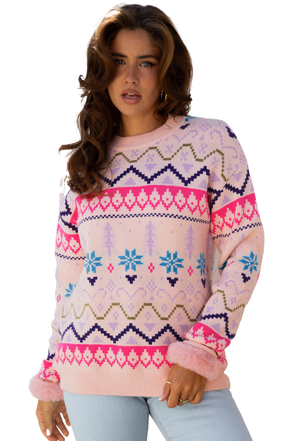 Ethnic Christmas Pattern Knit Feather Cuffed Knit Top