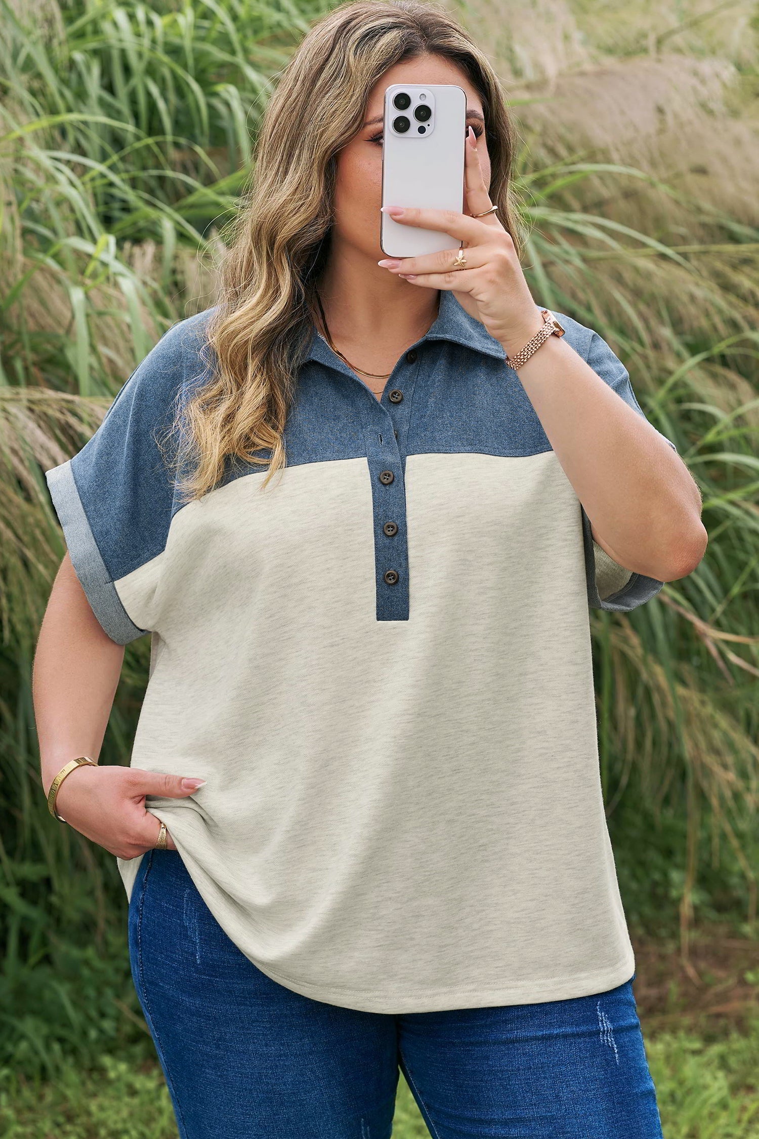 Light Buttons Grey Half Collared Denim Plus Short-Sleeved Top