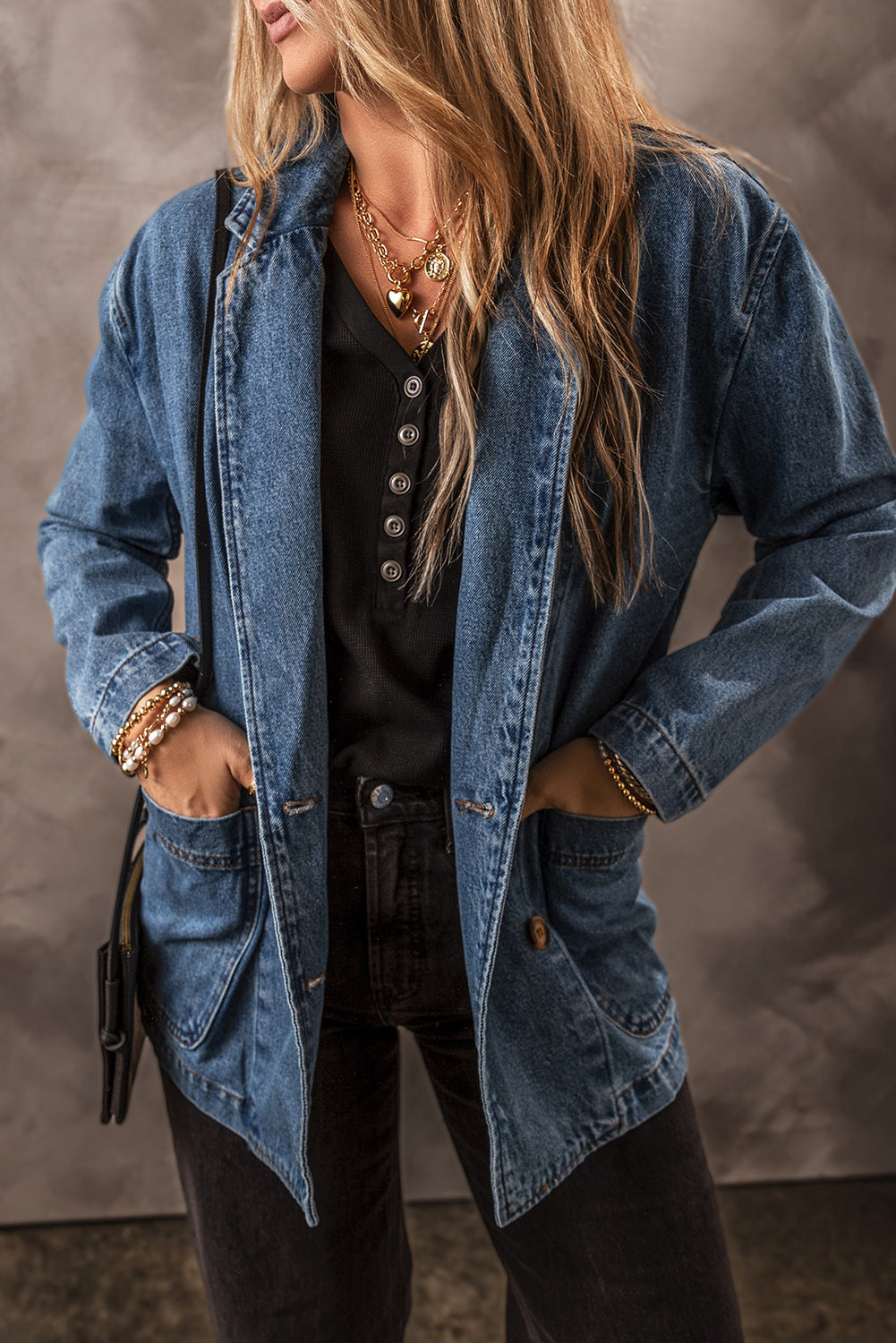 Denim Jacket with Side Pockets Lapel Collar