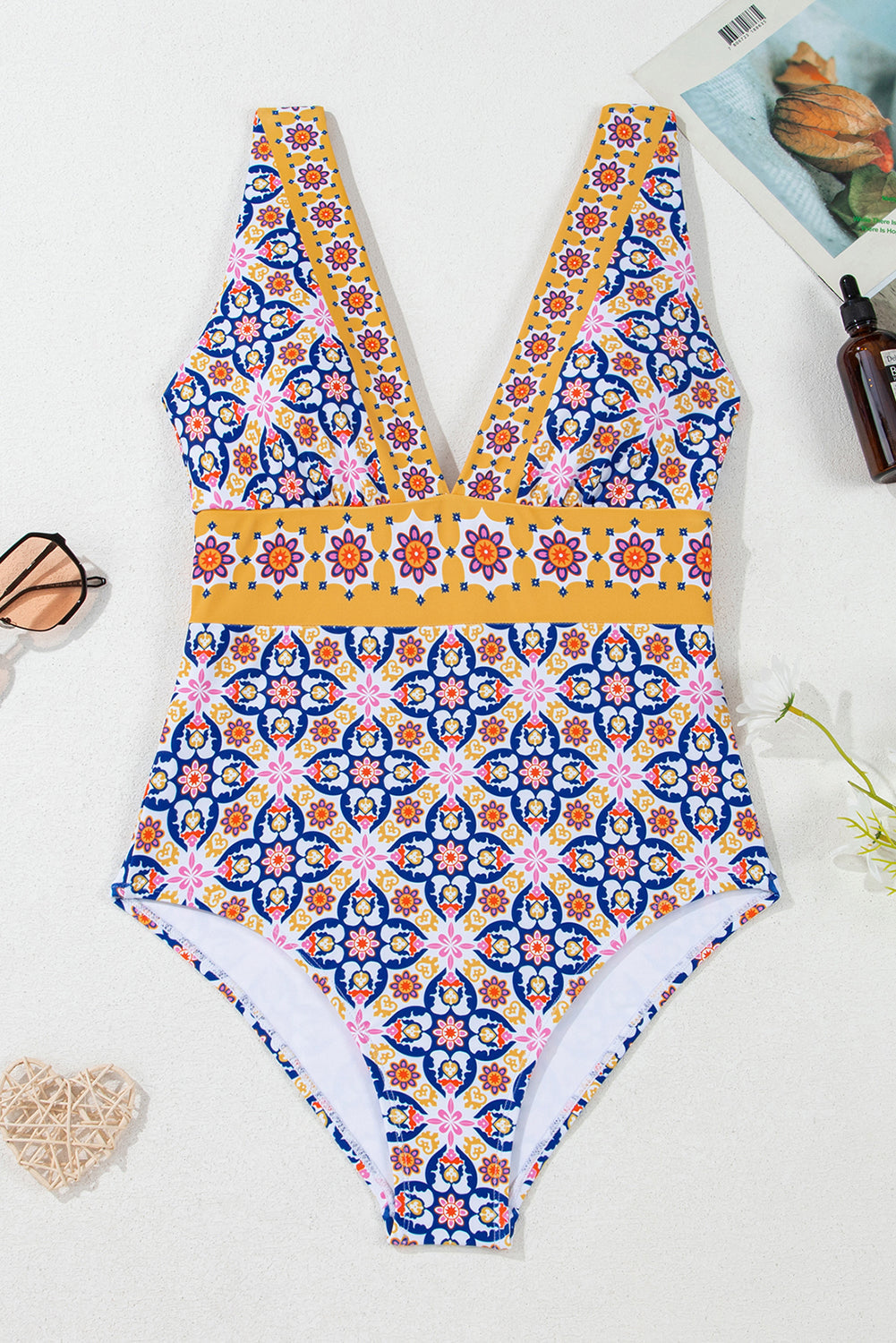 Floral Print V Neck One Piece Swimsuit