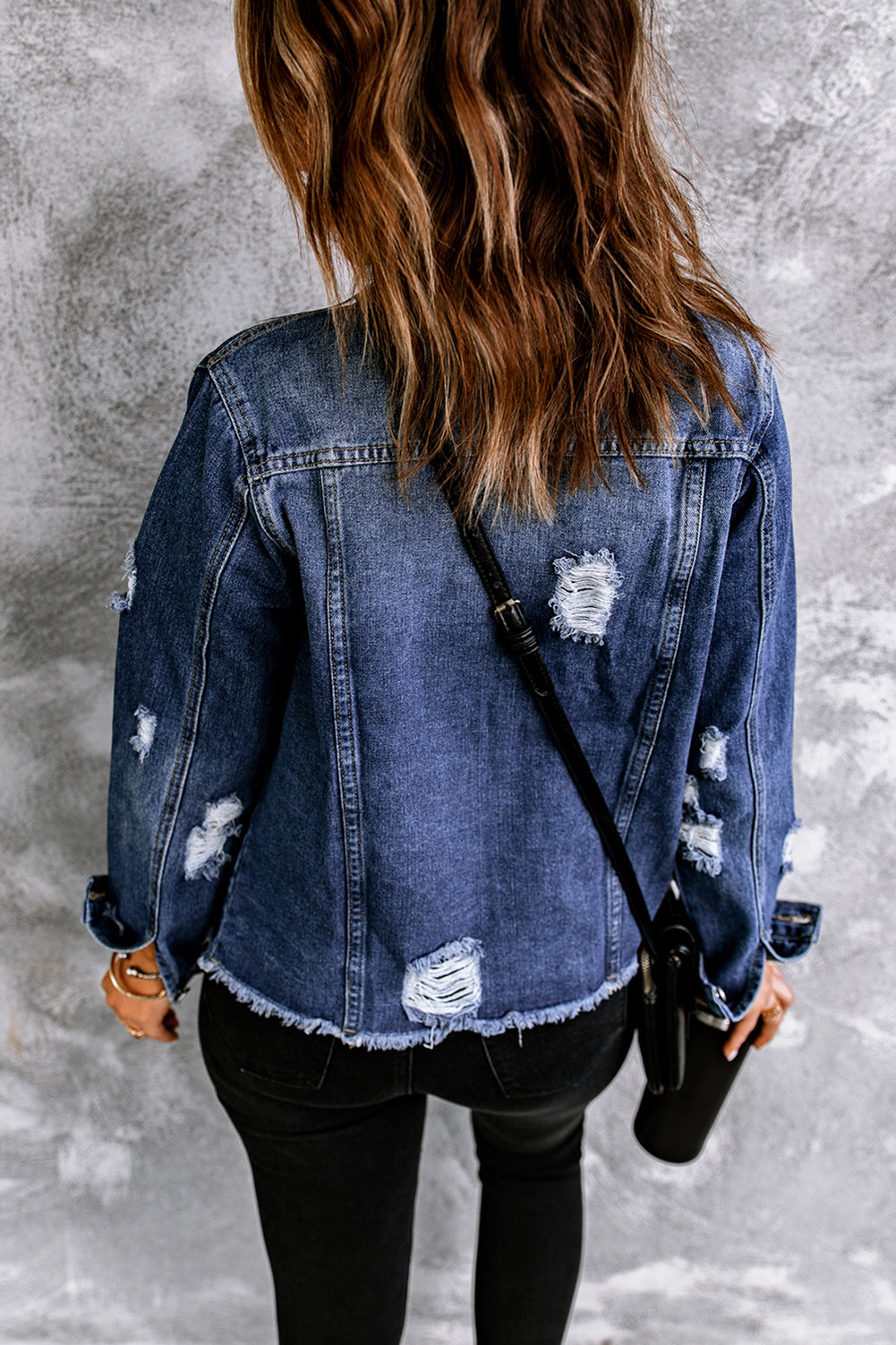 Women's Denim Jacket with Lapel Distressed Raw