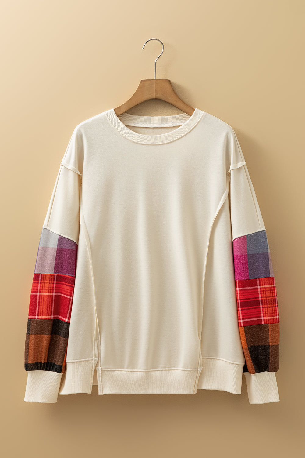Contrast Plaid Long-Sleeved Exposed Seam Patchwork Top in Beige