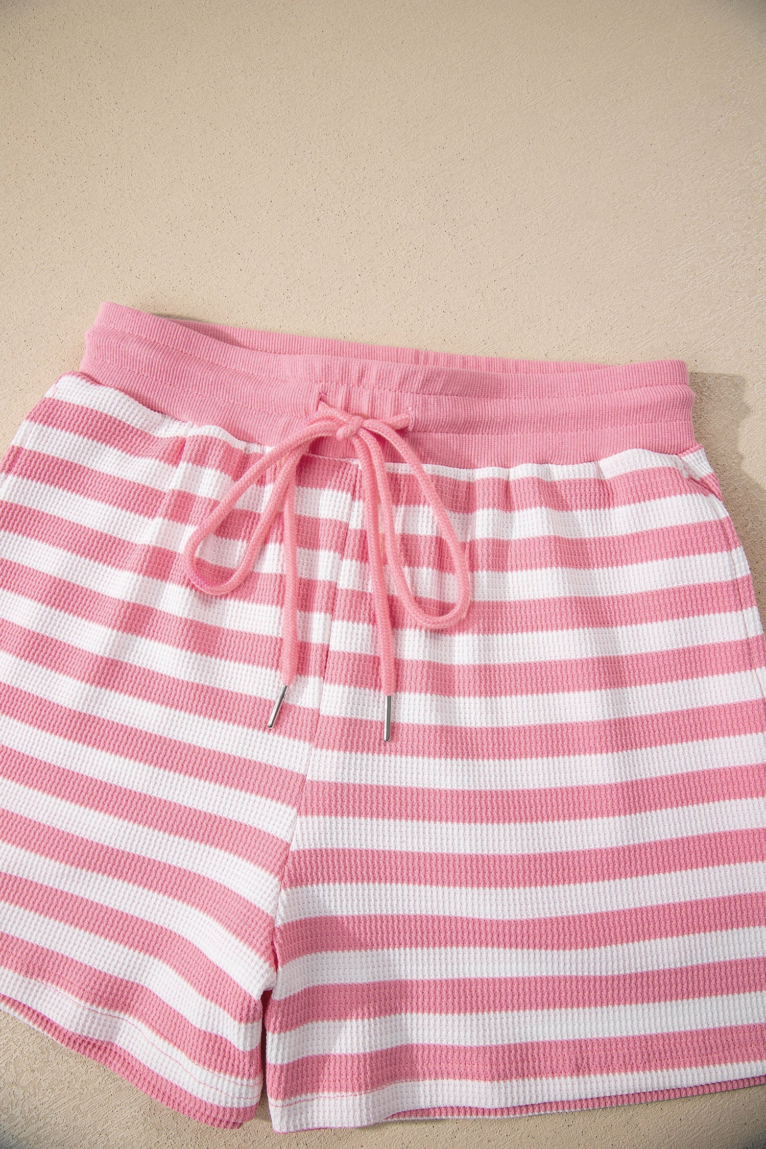 Short-Sleeved Stripe Puff T Shirt Matching Shorts Set in Pink