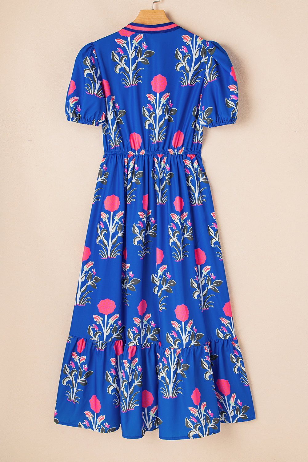 Short-Sleeved Floral Puff Maxi Dress in Blue