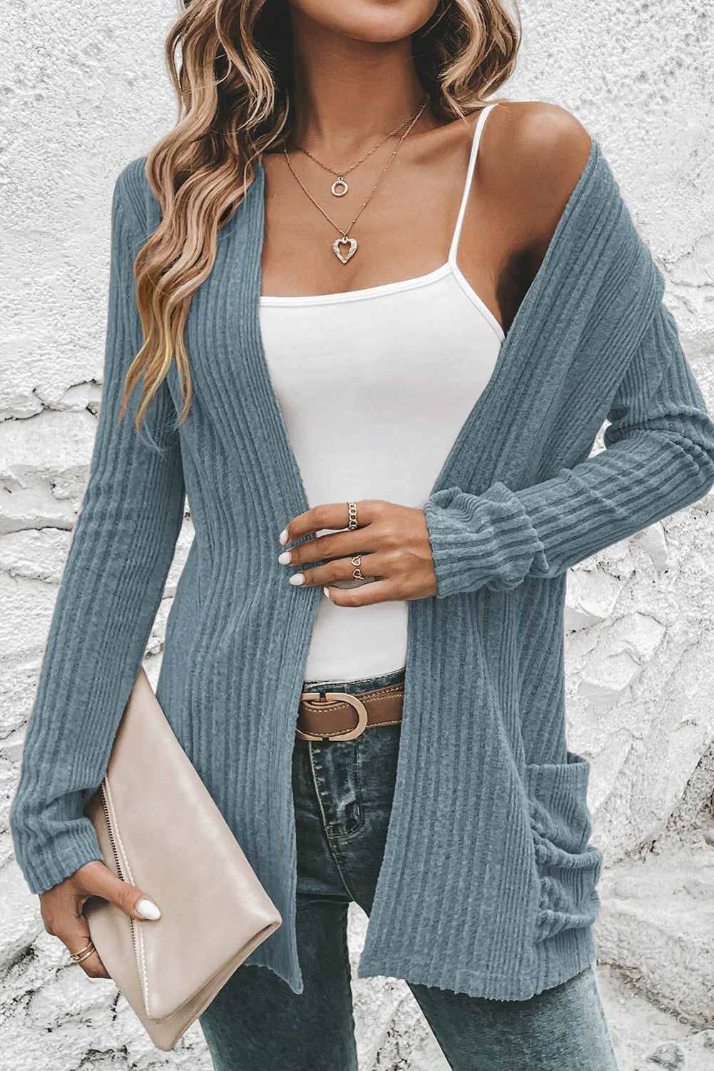 Rib-Knit Top Open-Front Knit Featuring Pockets in Stone Blue