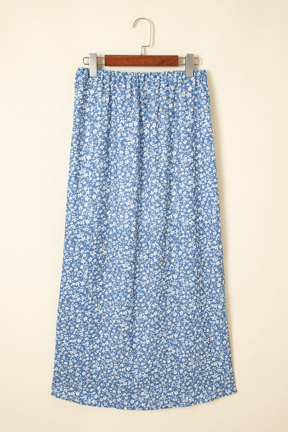 Boho Long Floral High-Waisted Skirt with Side Split in Sky Blue