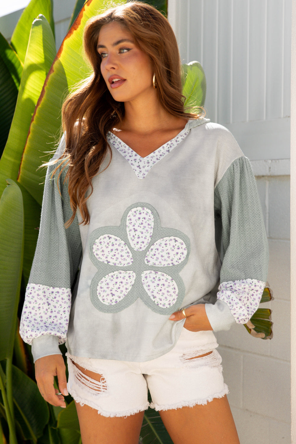 Floral Patched Waffle Textured Colorblock V-Neck Everyday Hooded Top