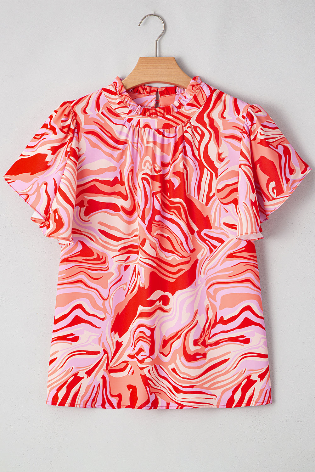 Print Ruffled Abstract Ruffled Short-Sleeved Mock-Neck Blouse
