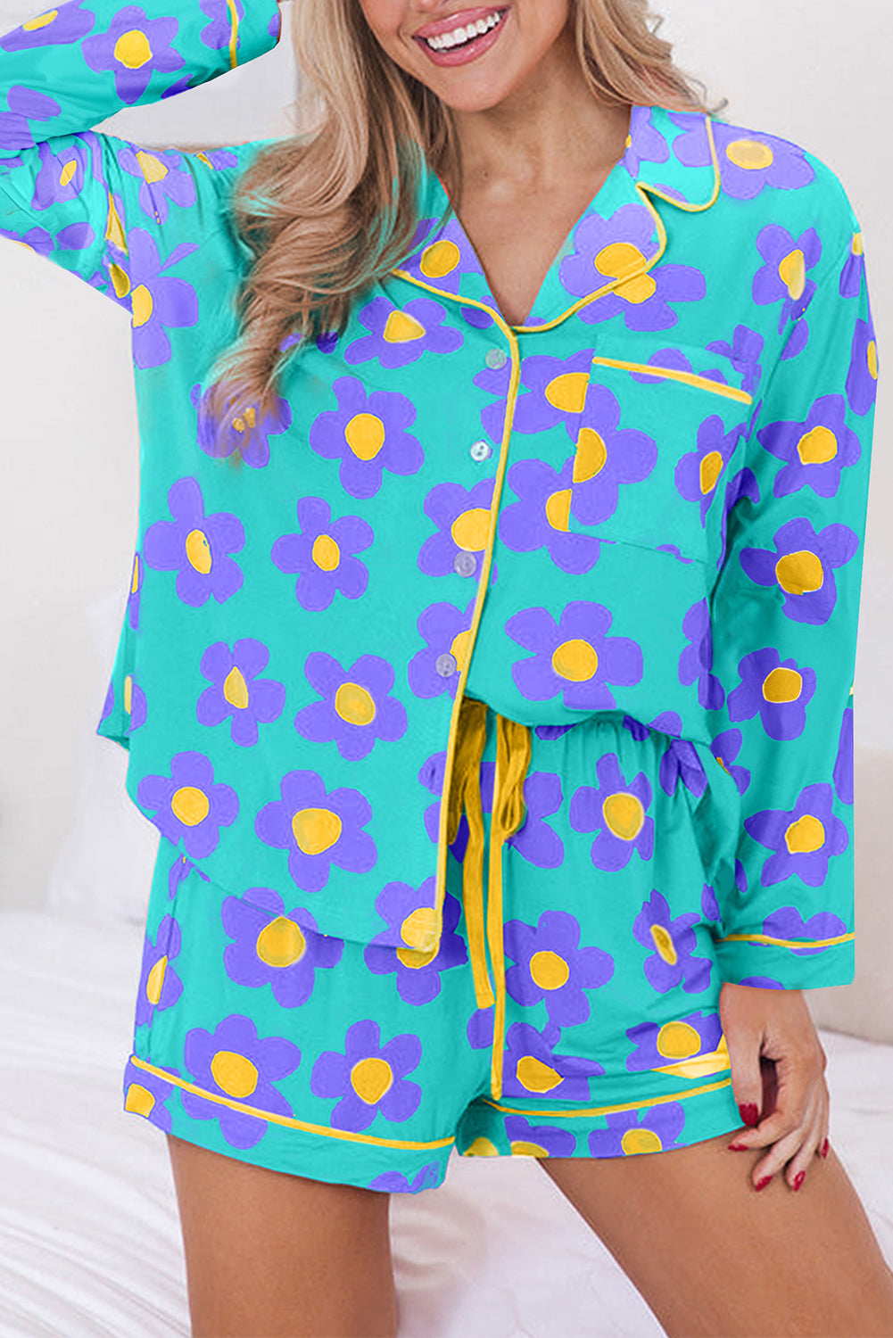 Print Long-Sleeved Flower Long-Sleeved Shirt Shorts Pajamas Set
