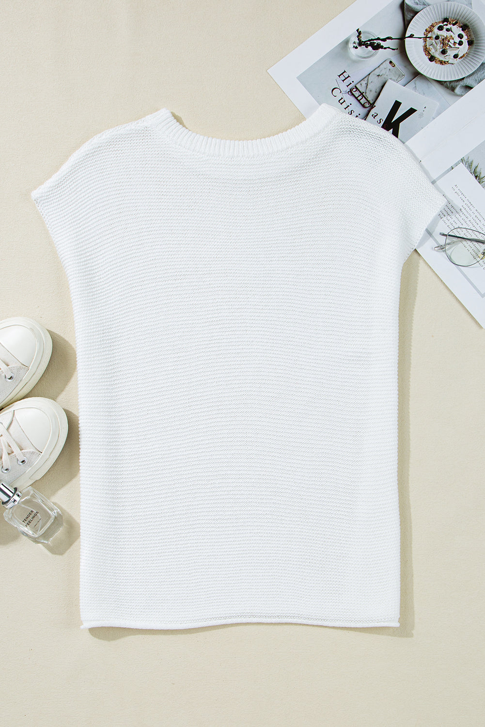White Solid Color Sweater Tee with Side Slits