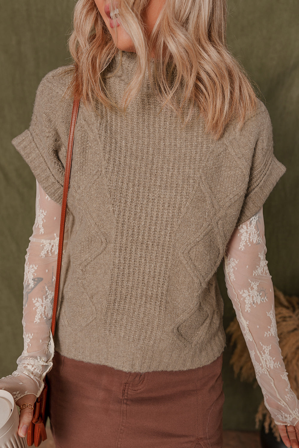 Knit High Textured High Neck Knit Top T Shirt in Smoke Gray