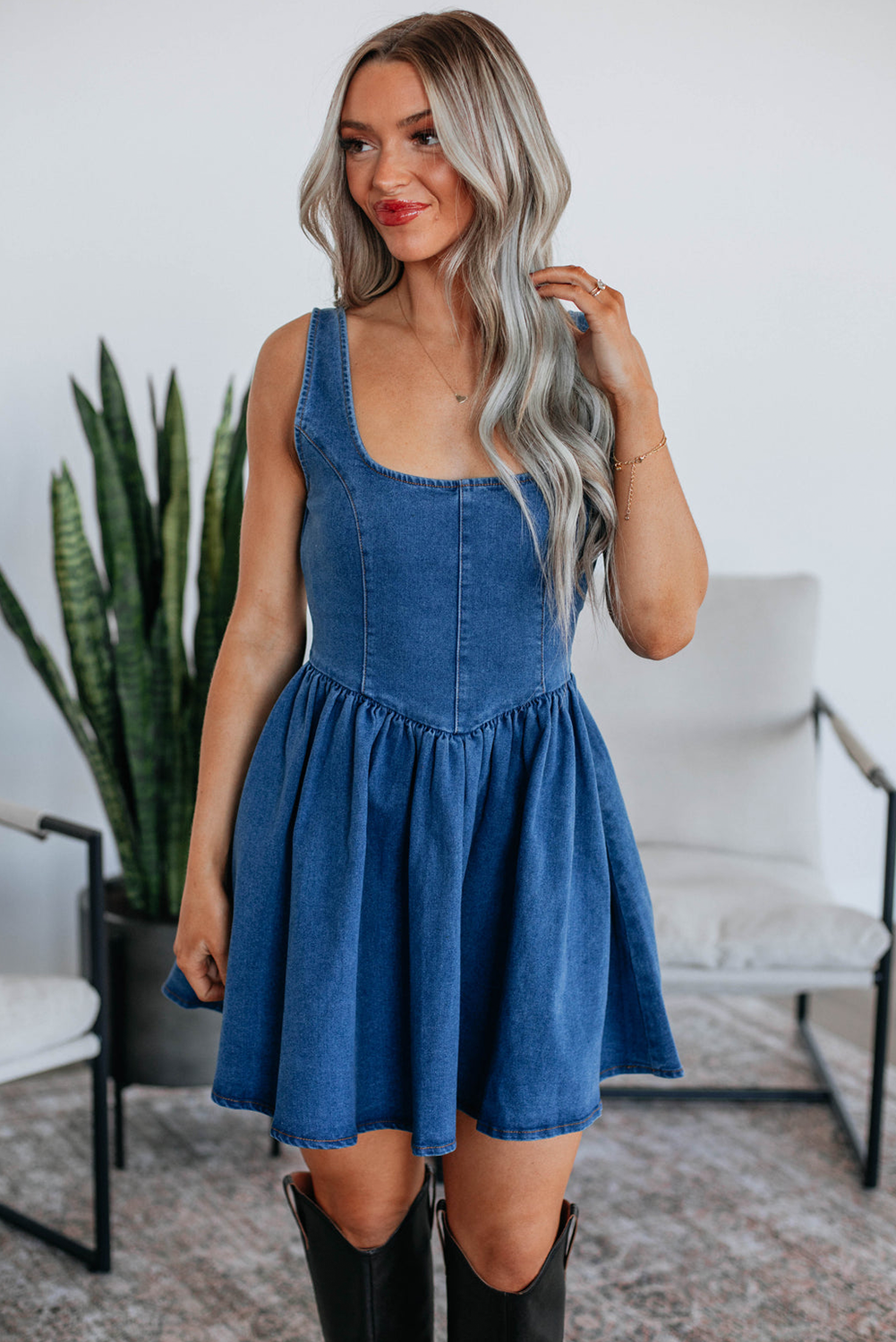 Neck Bowknot Square Bowknot A-line Sleeveless Denim Dress