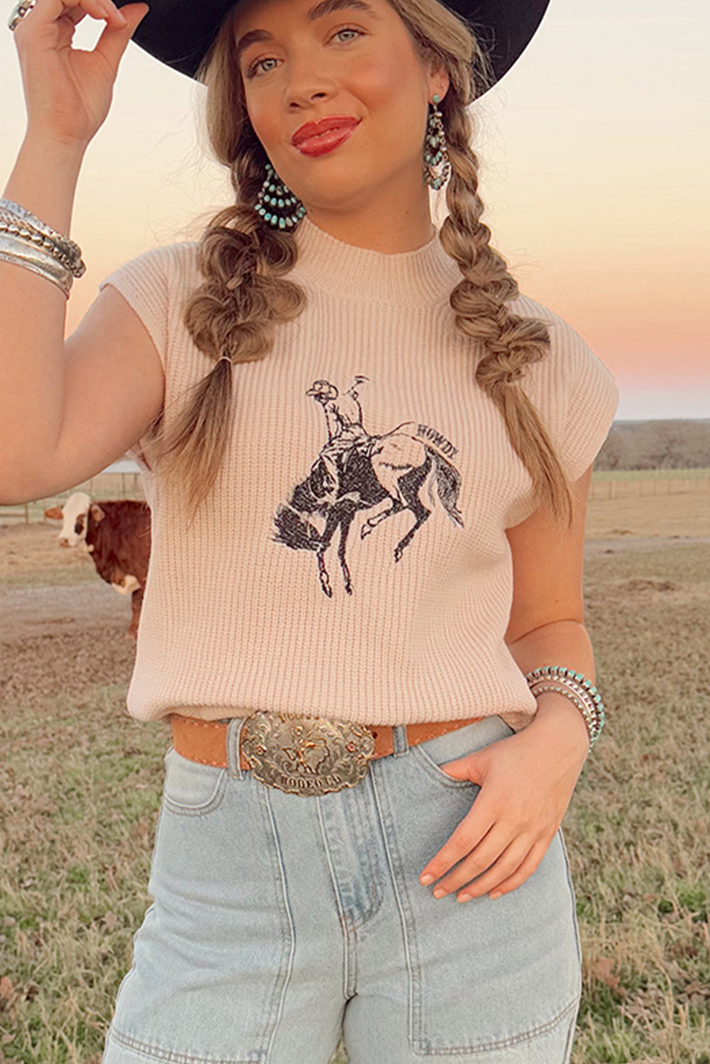 Cowboy HOWDY Rodeo Graphic High Neck Short-Sleeved Knit Top