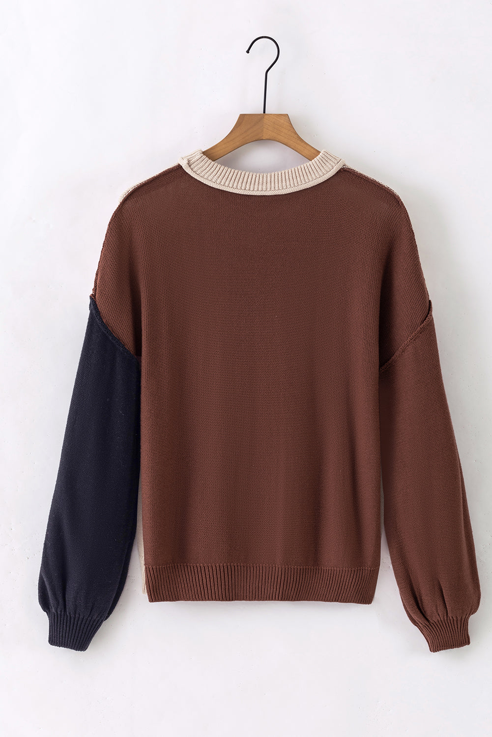 Colorblock Bishop Sleeve Ribbed Trim Sweater