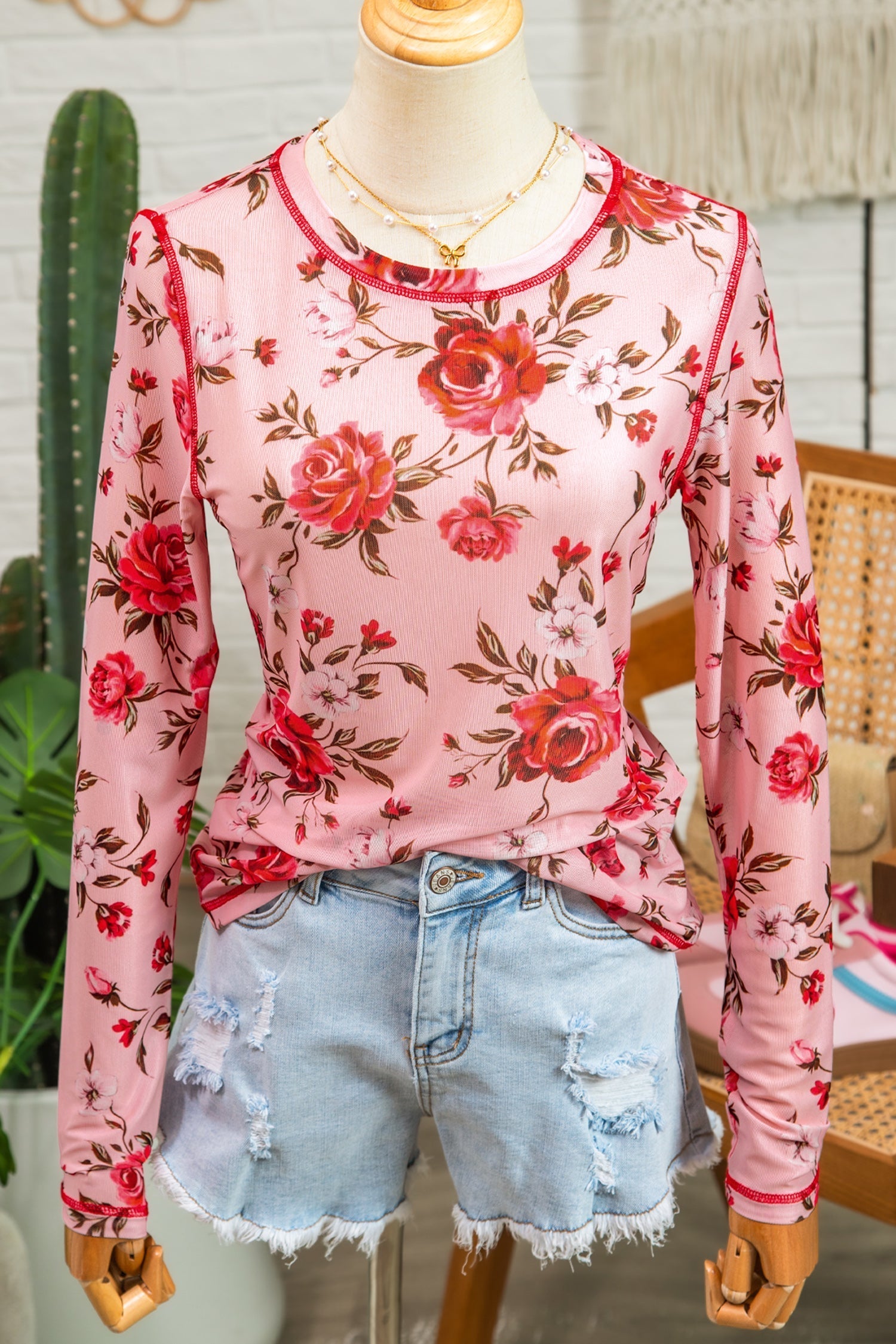 Floral-Print Detail Exposed Seam Mesh Long-Sleeved Top in Pink