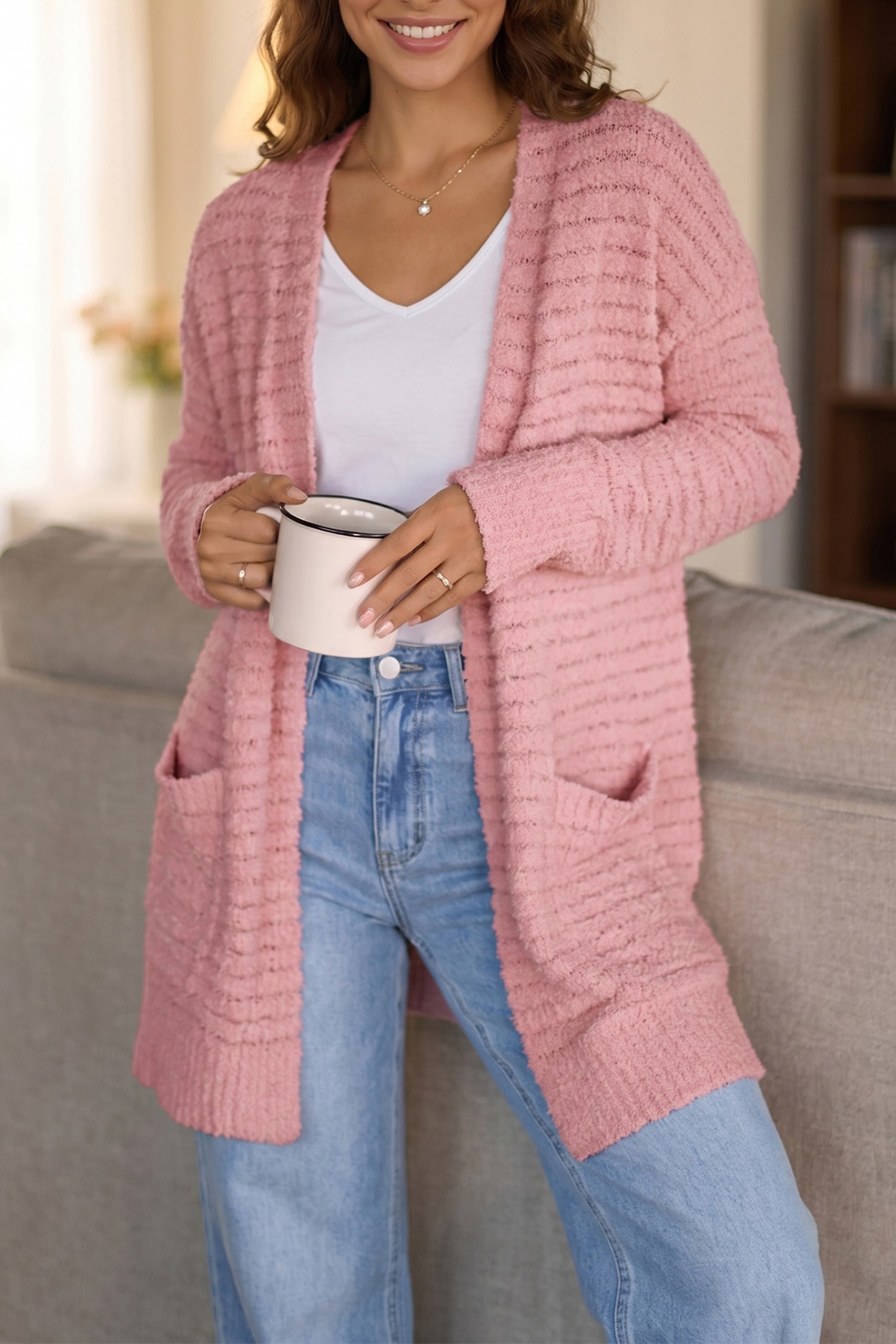 Open-Front Soft Fuzzy Rib-Knit Cardigan Knit Top in Light Pink