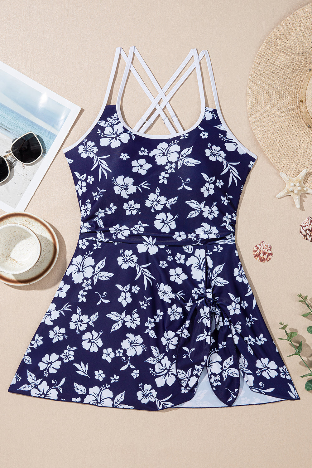 Back Floral-Print Crossed Floral-Print Asymmetric Knot Side One Piece Swimsuit in Blue