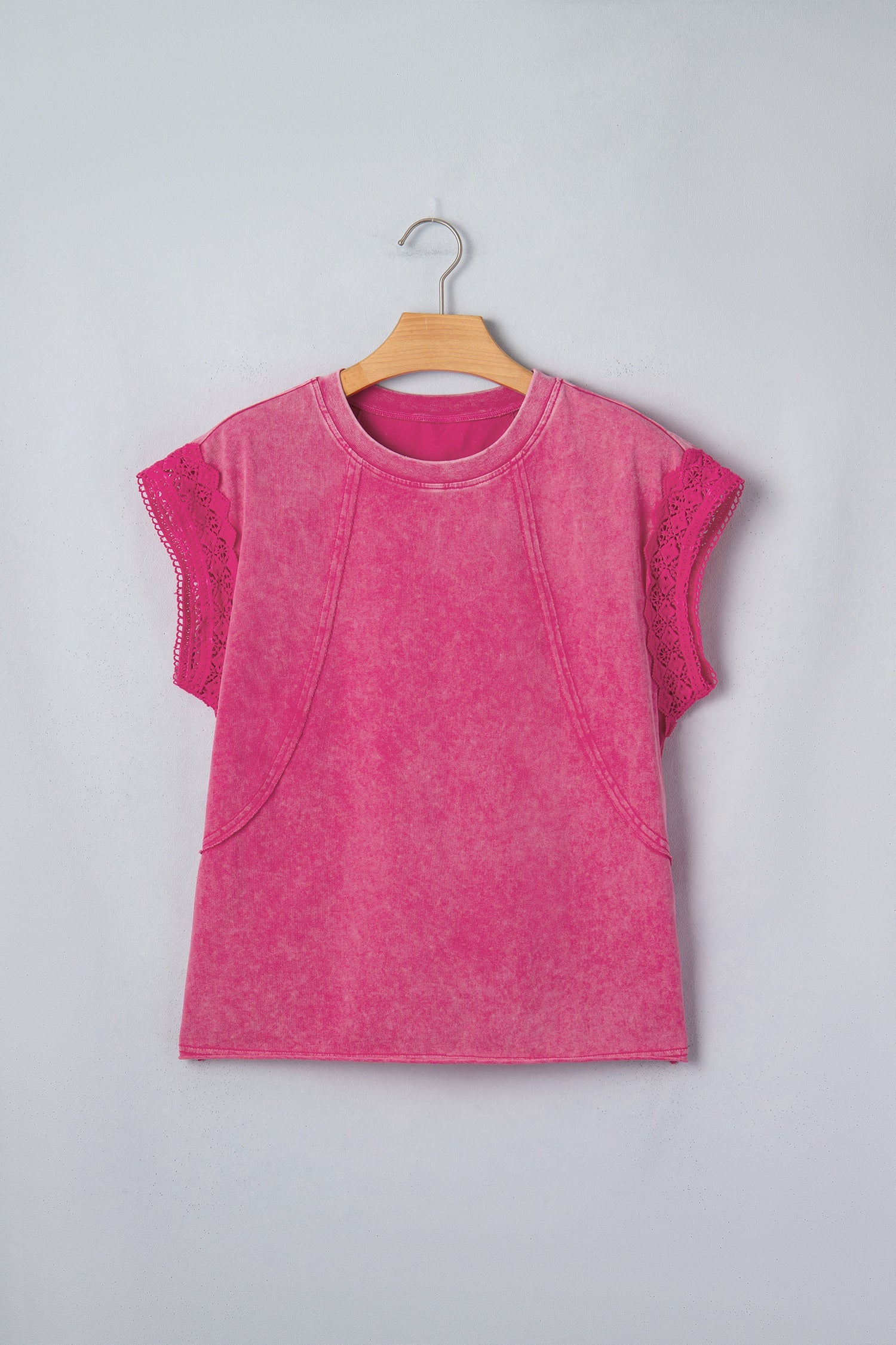 Raw Mineral Wash Seam Detail Lace Trim Cap Sleeve Top in Pink