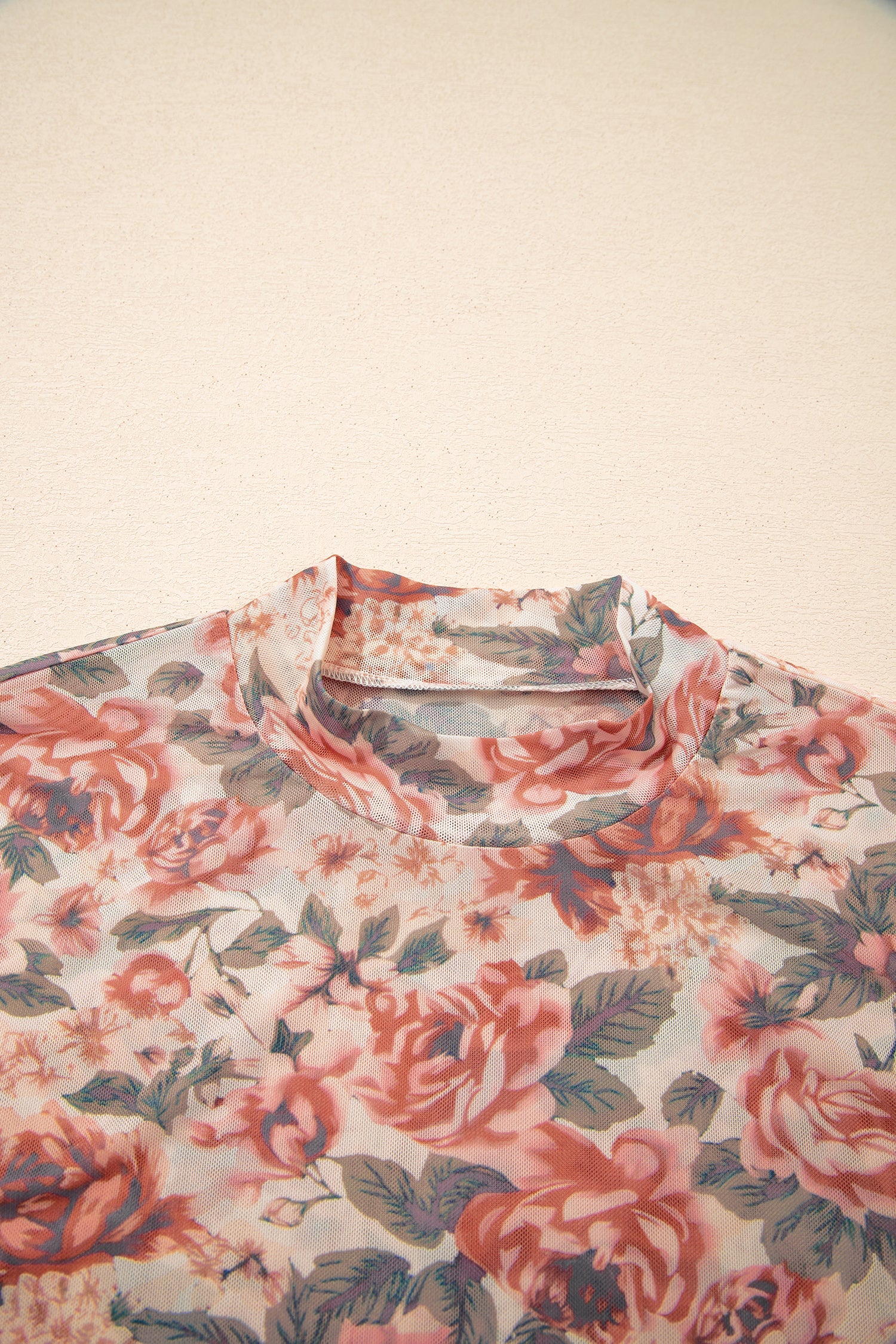 Mock-Neck Retro Floral-Print Mesh Long-Sleeved Top