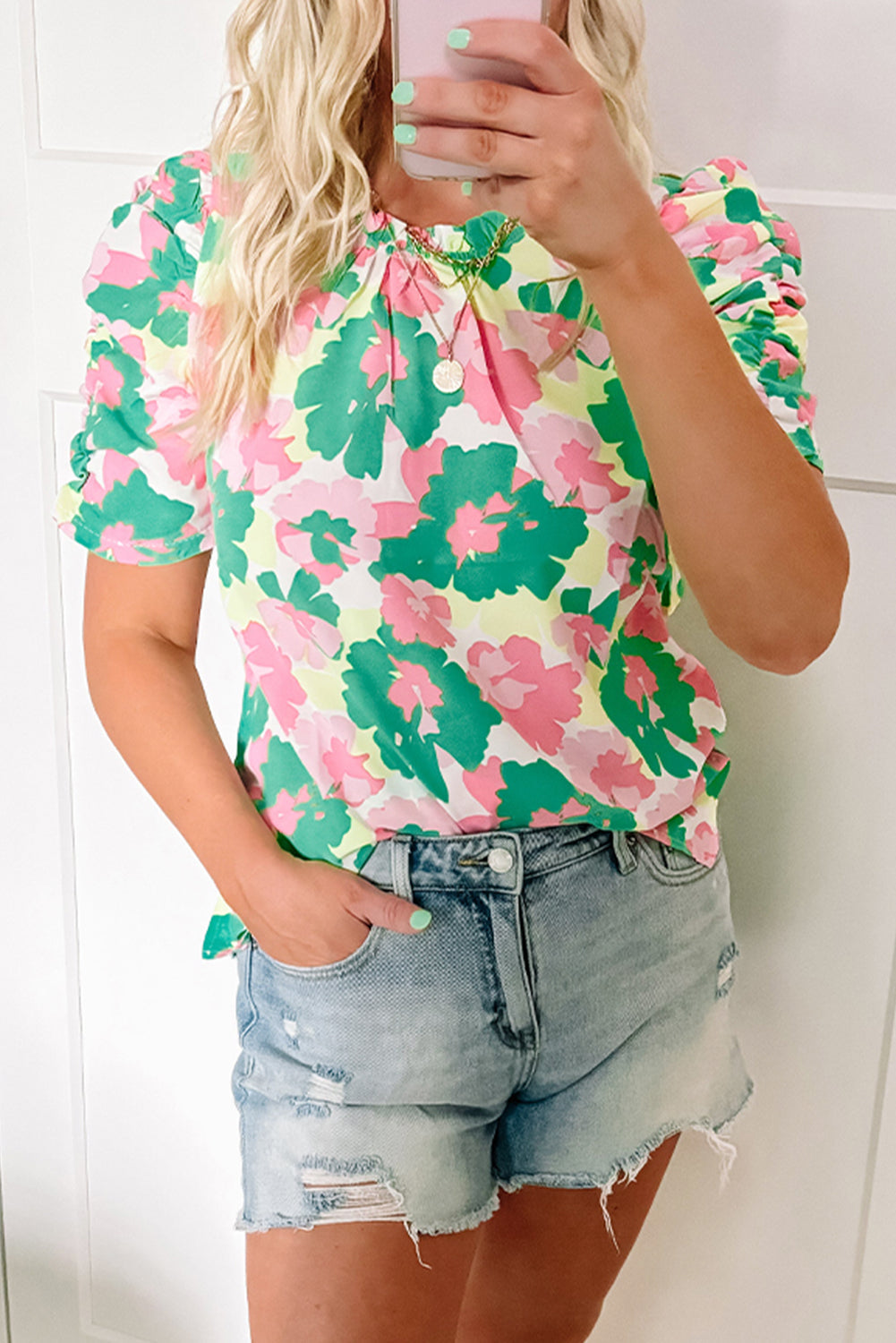 Abstract Print Frilly Neck Ruched Short-Sleeved Blouse