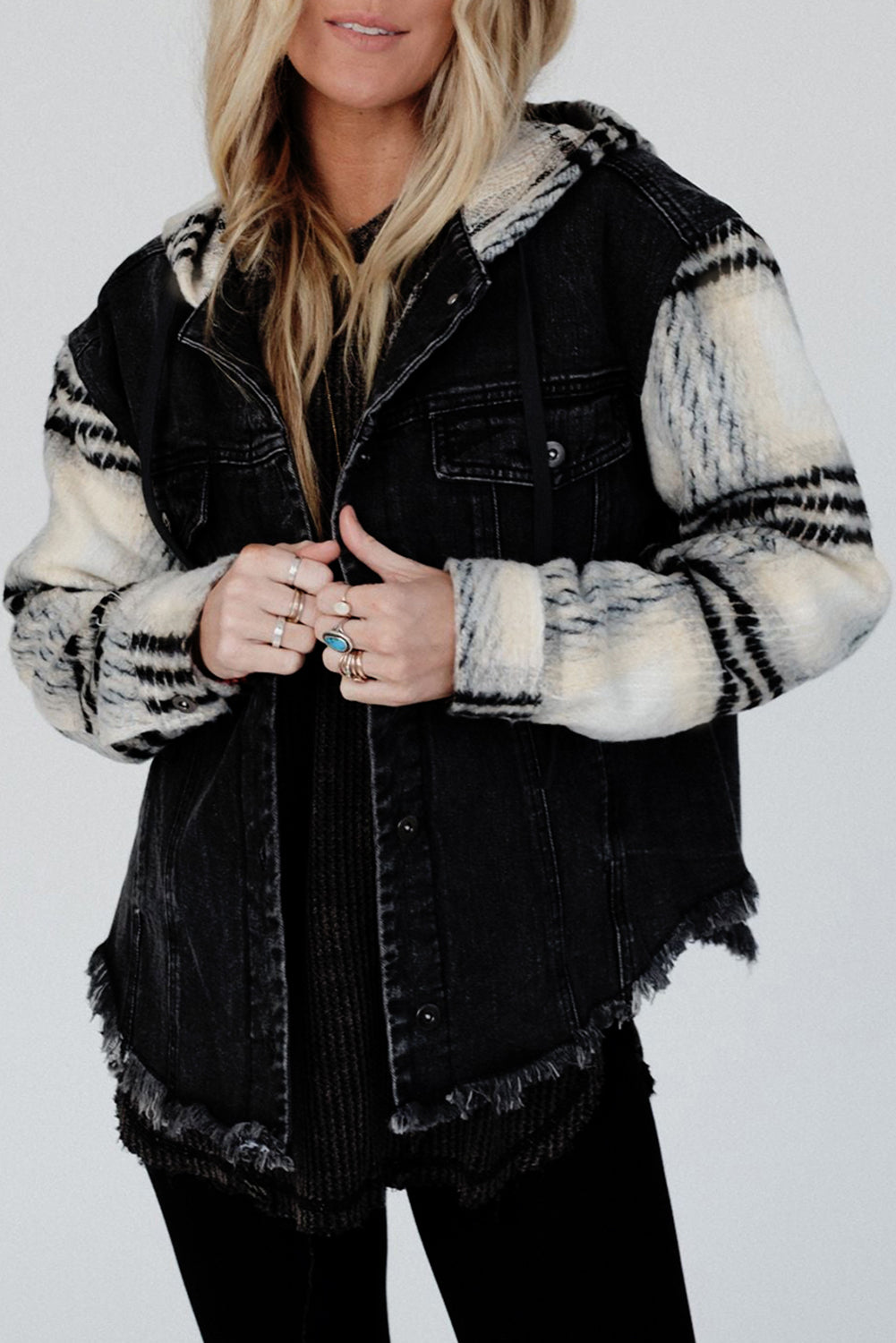 Denim Jacket with Plaid-Patterned Sleeve Frayed Hem Hooded