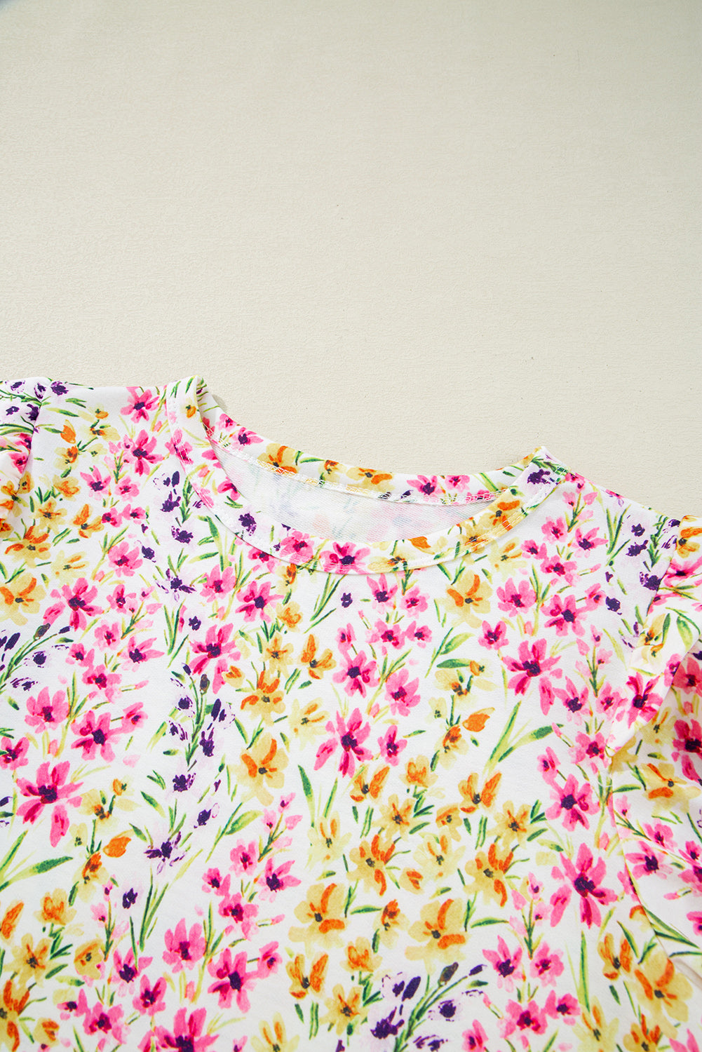 Floral Puff Short-Sleeved Crewneck Blouse