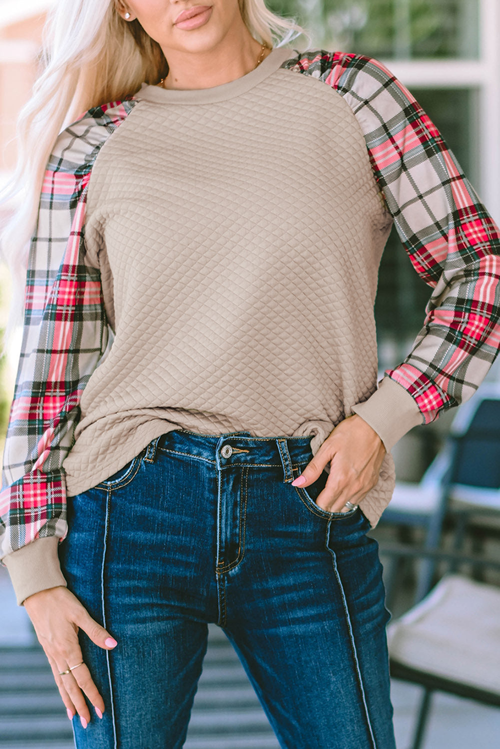 Sweat-shirt à carreaux et manches raglan