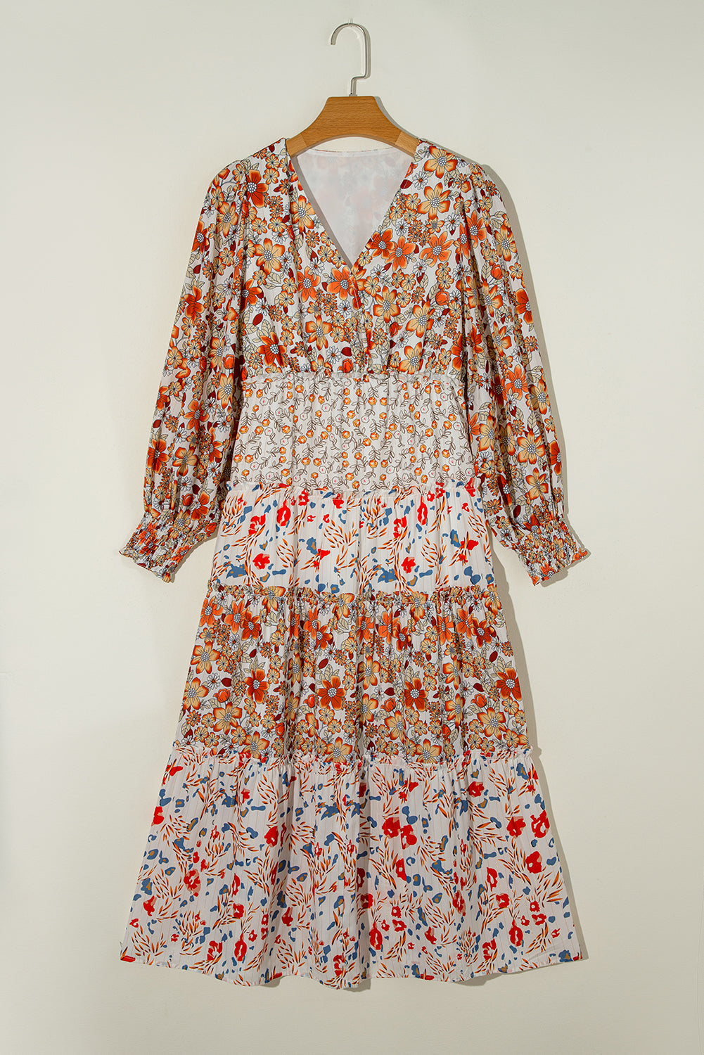 Floral Print Ruffled Tiered Long Sleeve V Neck Midi Dress