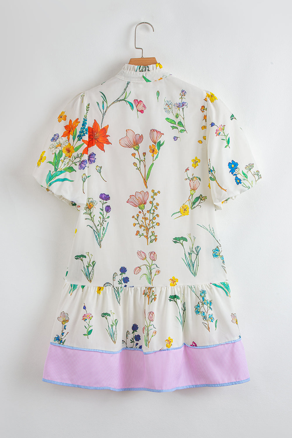 Floral Print Contrast Striped Puff Sleeve Dress