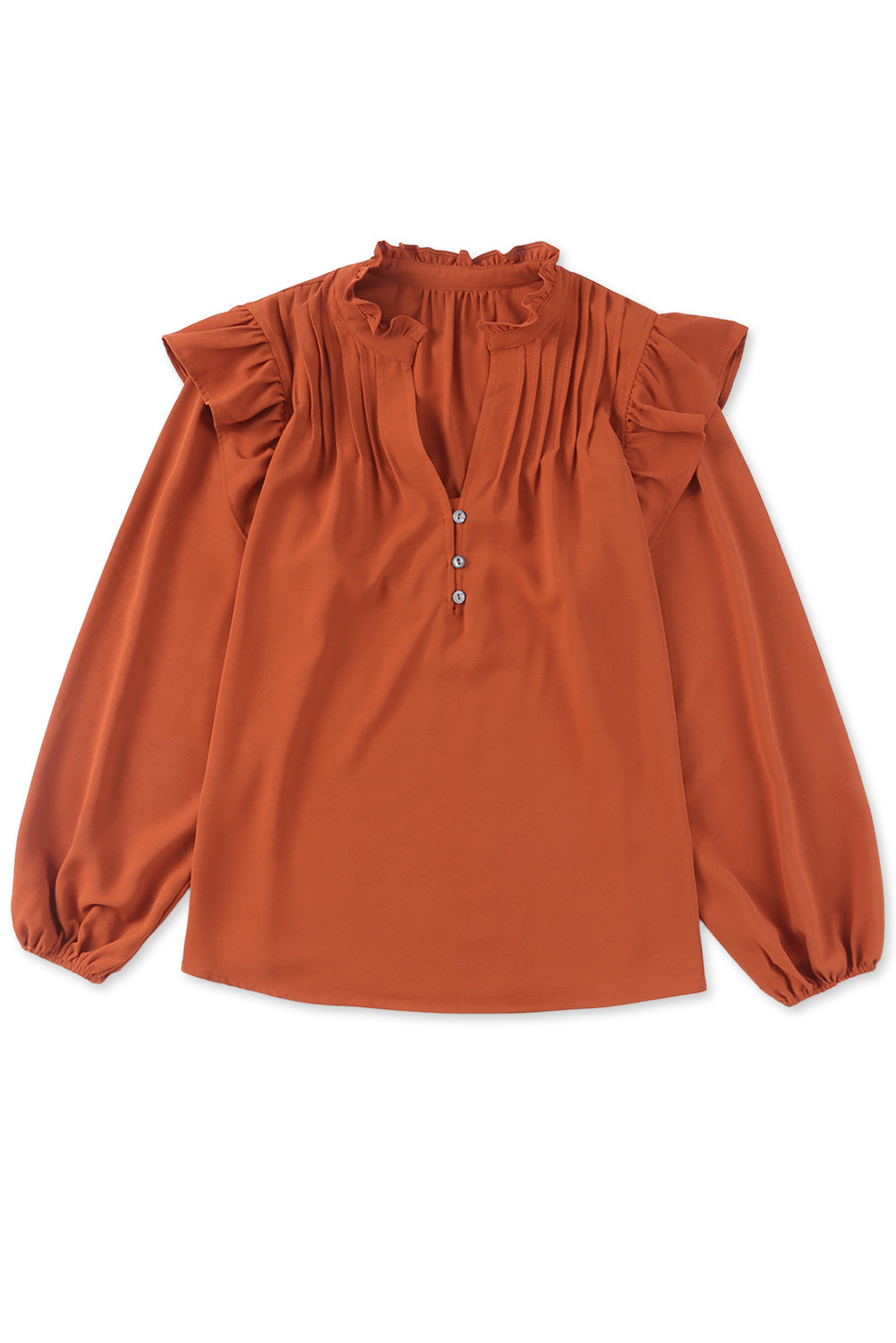 Women's Button-Front V Neck Ruffle-Trimmed Pleat-Detail Blouse