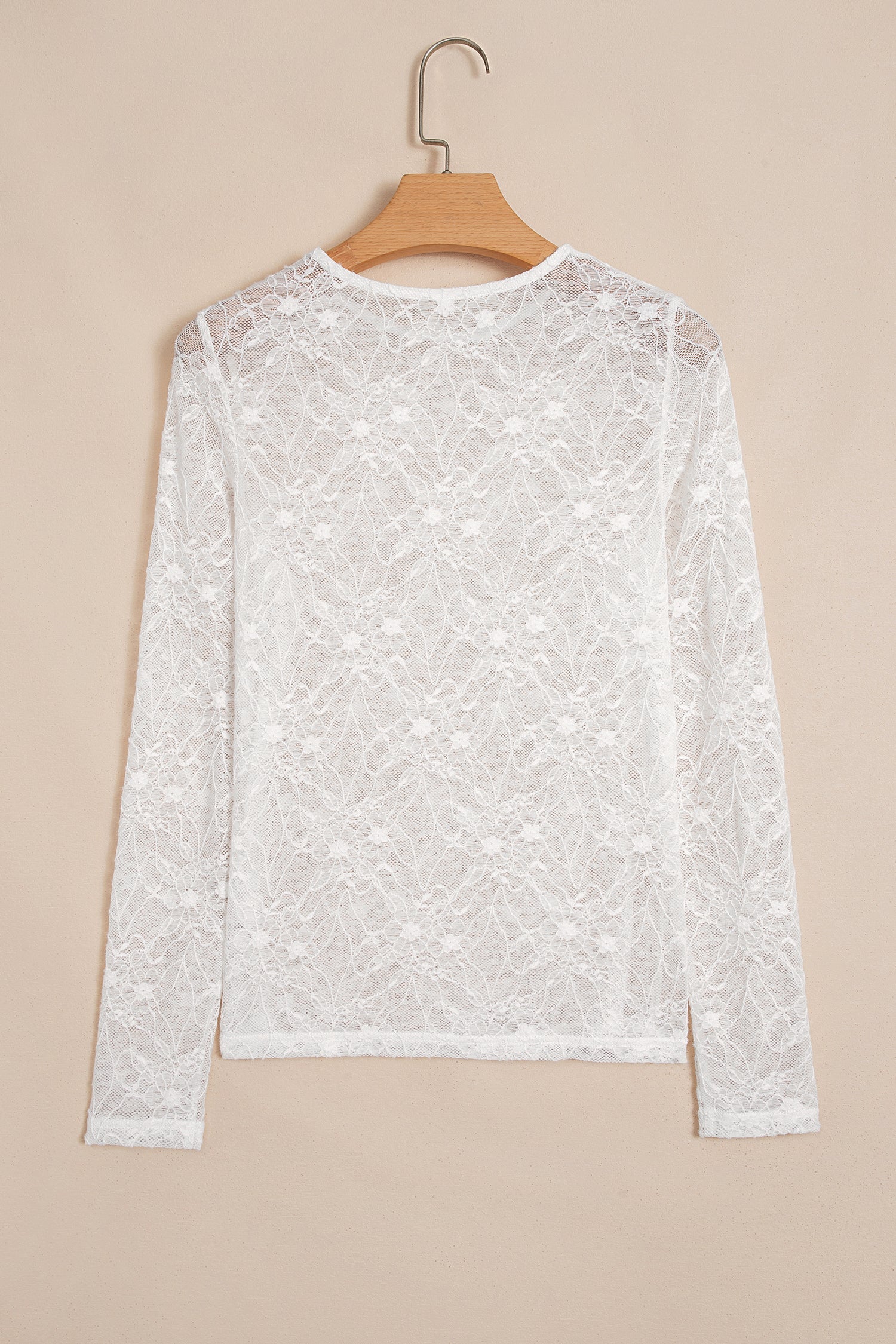 Sheer Mesh Long-Sleeved Mesh Lace Top in Beige