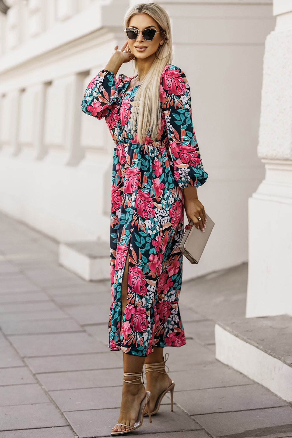 Women's Elastic High-Rise Split Floral-Print V Neck Dress