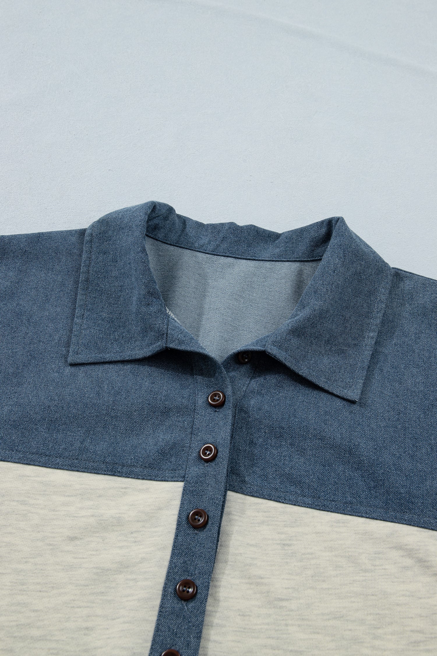 Light Buttons Grey Half Collared Denim Plus Short-Sleeved Top