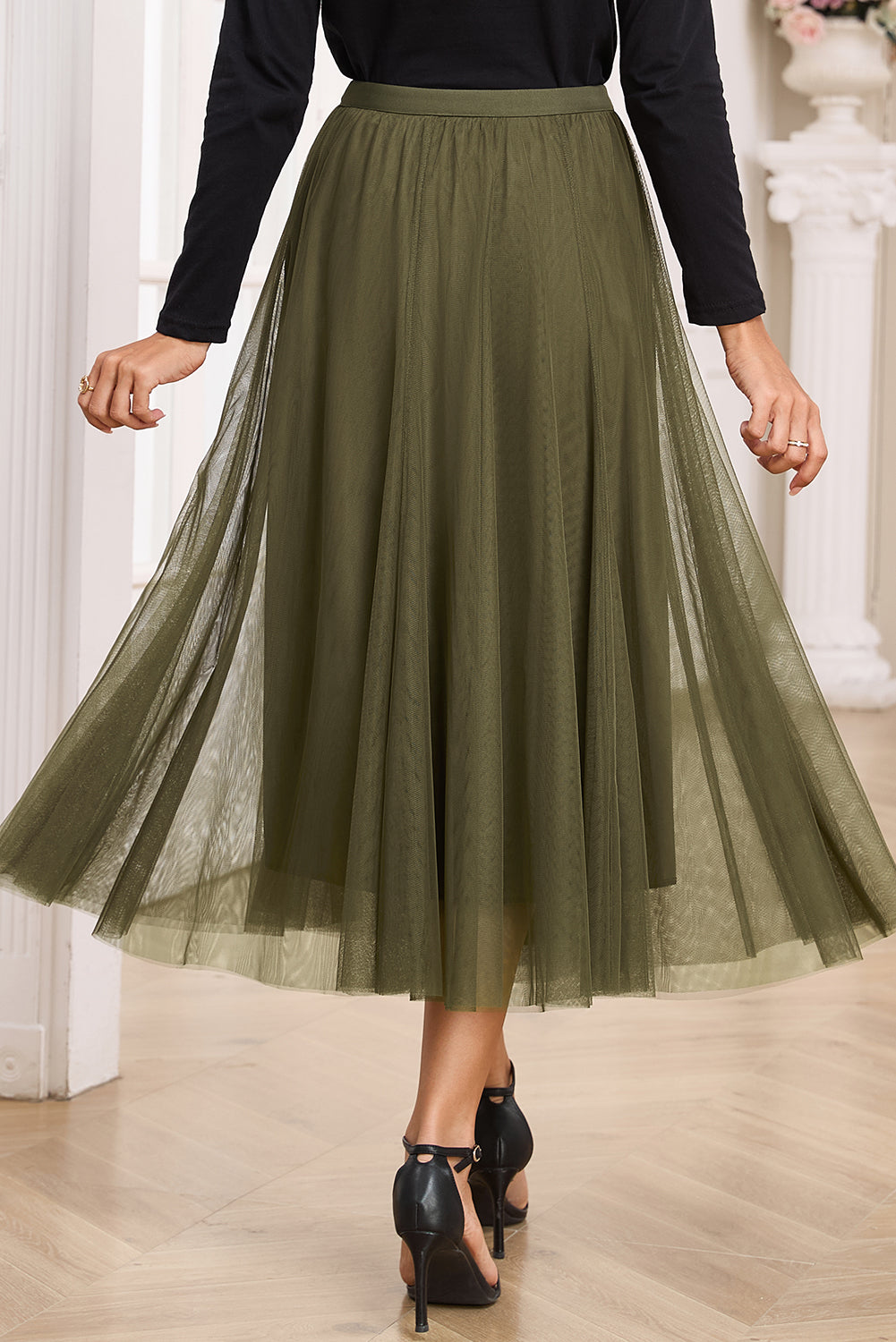 Tulle Mesh Overlay Flared Midi Skirt in Jungle Green