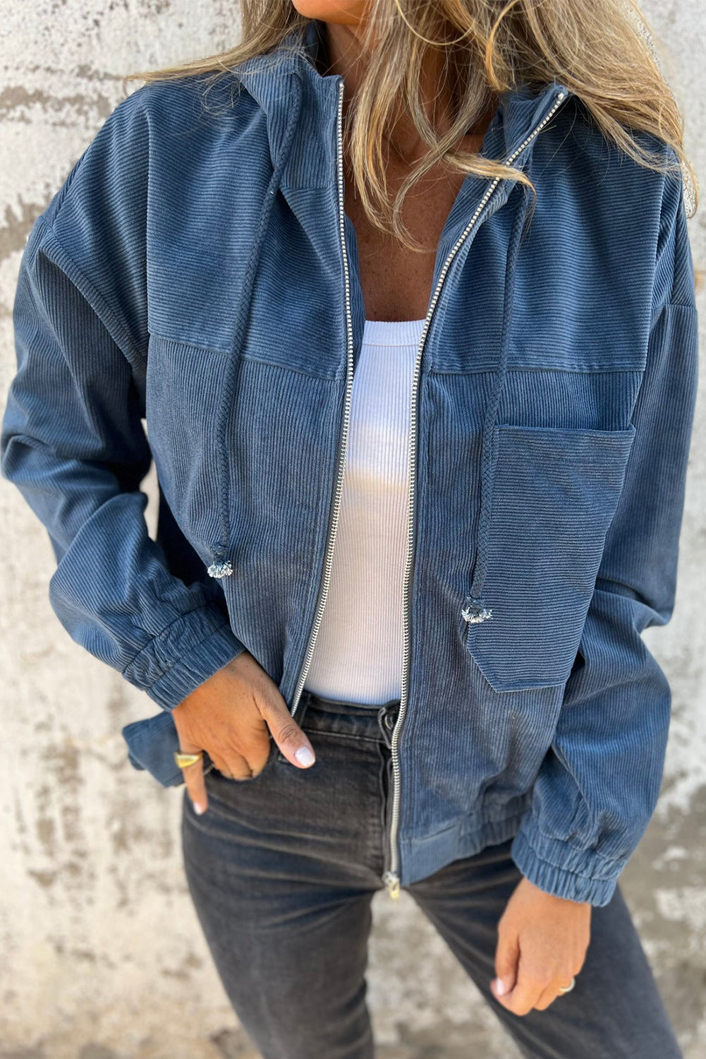 Hooded Corduroy Drawcord Pocket Zip-Front Jacket in Real Teal