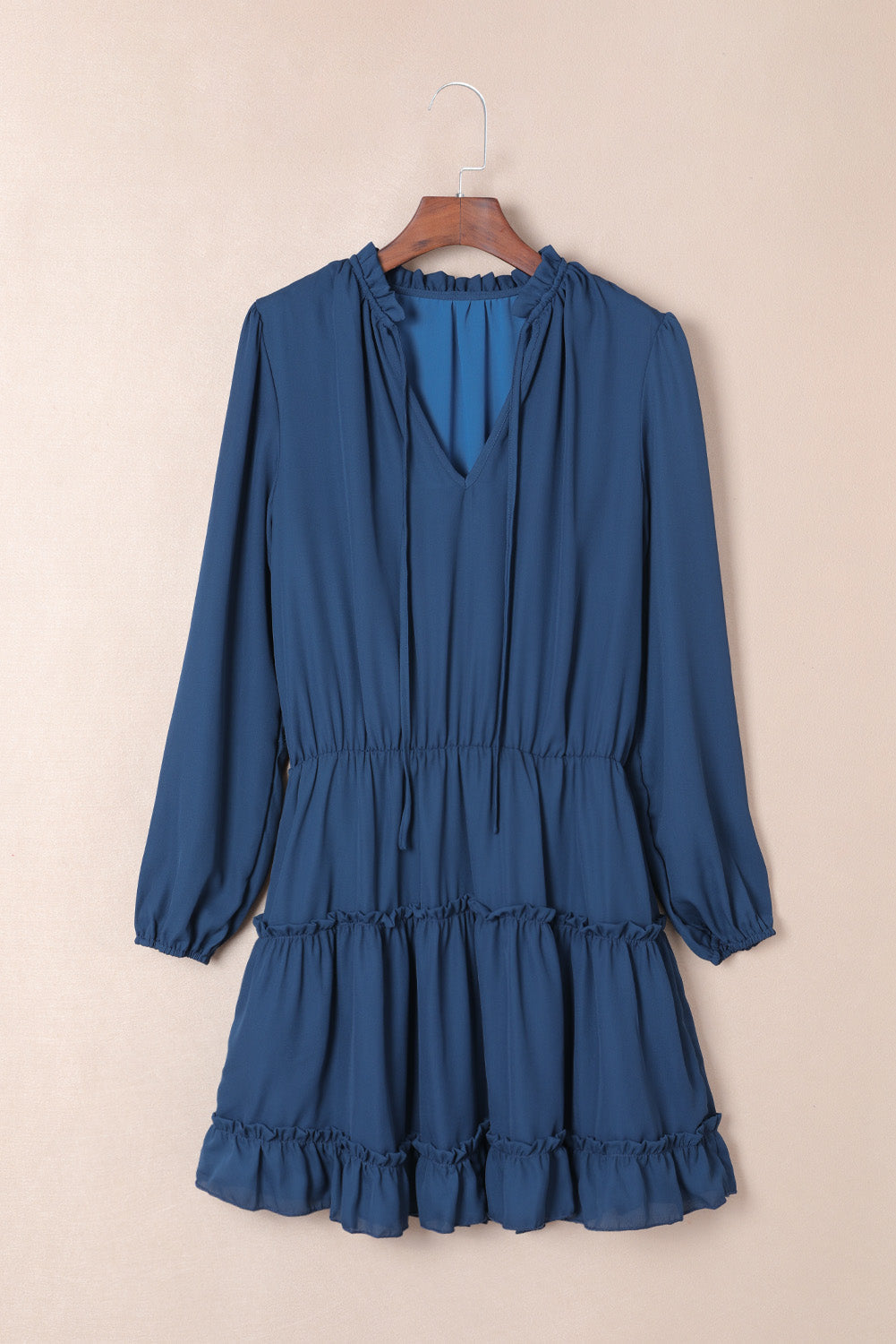 Dark V-Neck Long-Sleeved Ruffle Tiered Mini Dress
