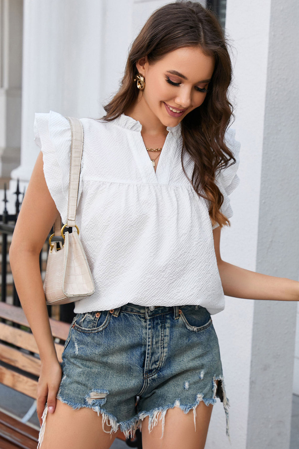 Top for Women White Ruffle-Trimmed Flutter Notch Neck