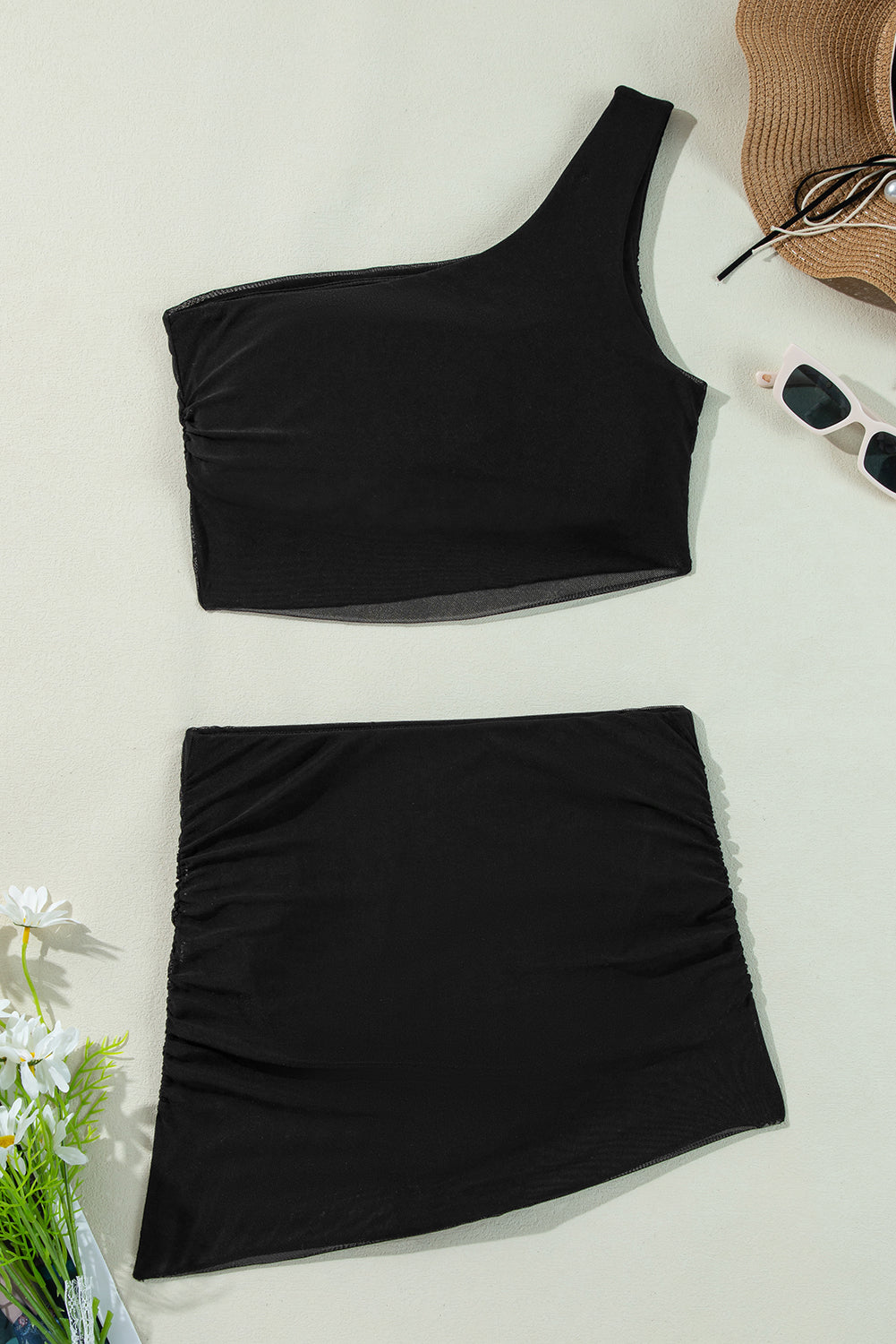 Pleated Mesh One Shoulder Bikini Top and Skirts Set