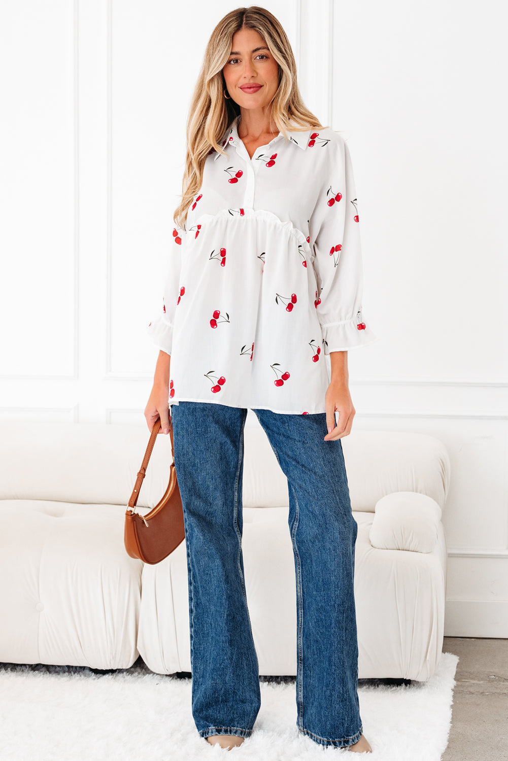 Print Flounce Cherry Flounce Sleeve Collared Frilled Babydoll Blouse