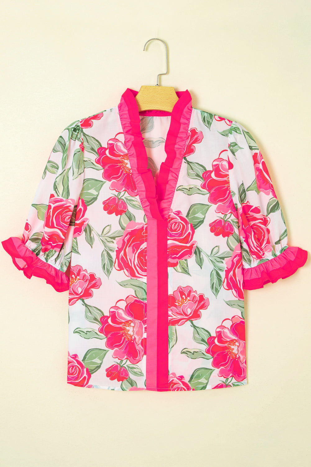 Frilled V-Neck Floral V-Neck Short-Sleeved Blouse Top