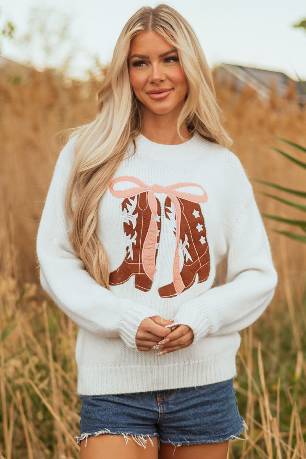 Embroidered Graphic Bow Boots Drop-Shoulder Knit Top