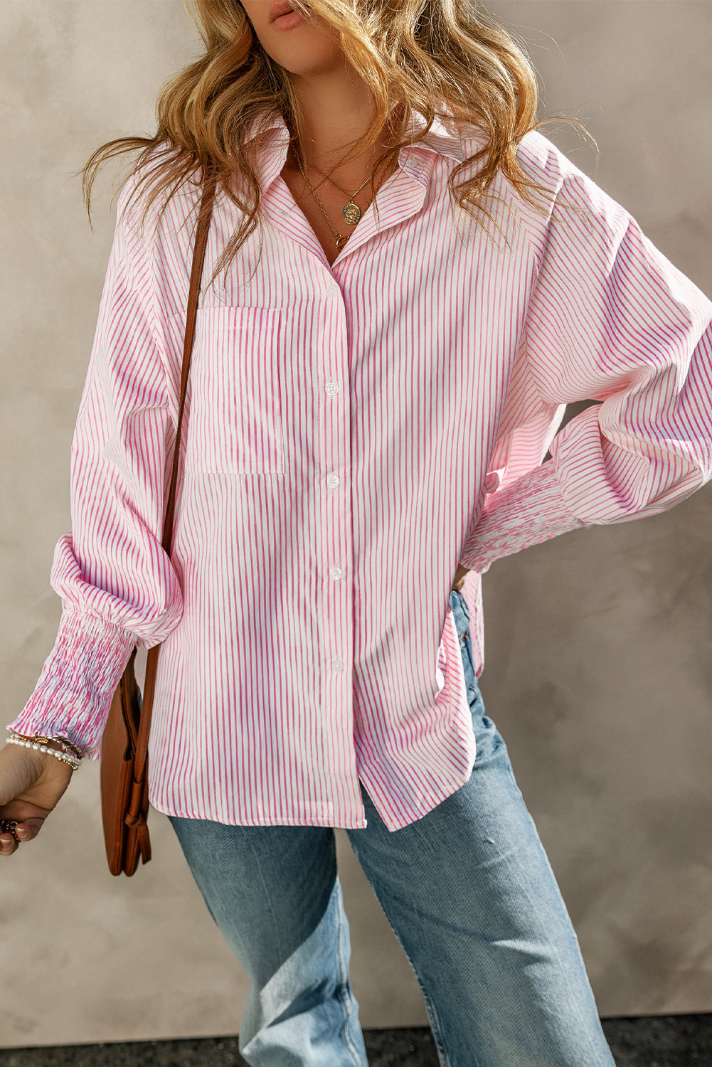 Shirred Cuffs Collared Raglan Sleeve Easy-Fit Shirt