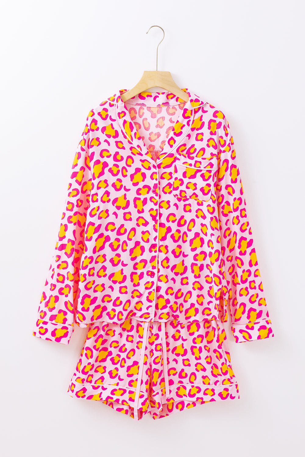 Leopard-Print Long-Sleeved Shirt and Shorts Pajama Set