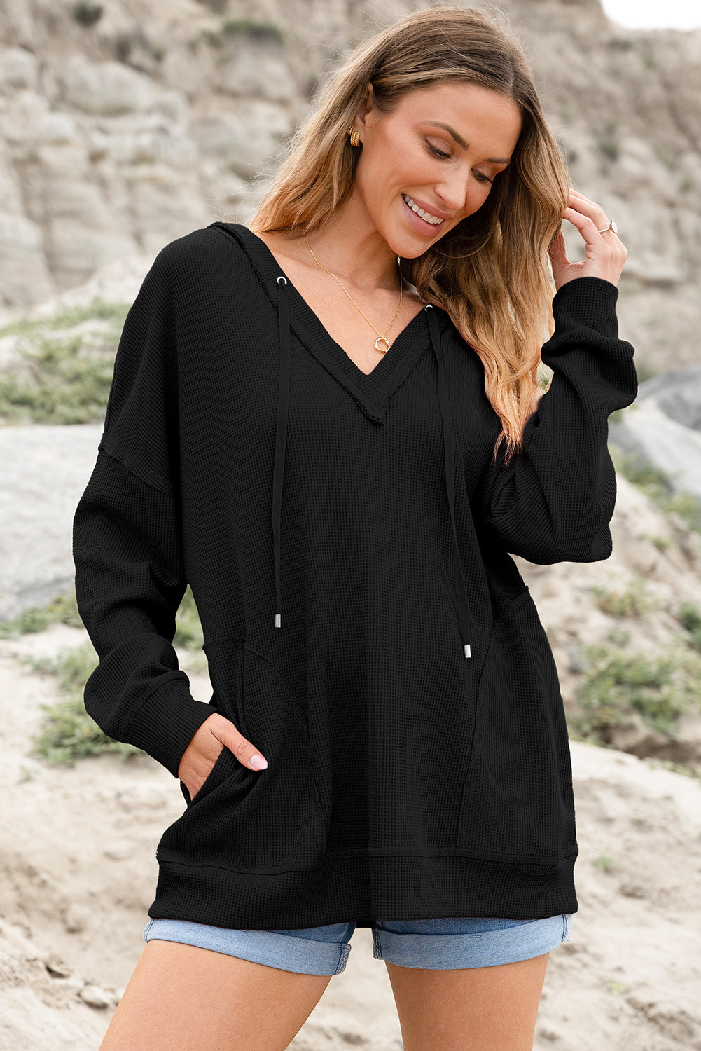 Waffle Drop-Shoulder Oversize Drop-Shoulder Exposed Seam V-Neck Hoodie Featuring Pockets Style