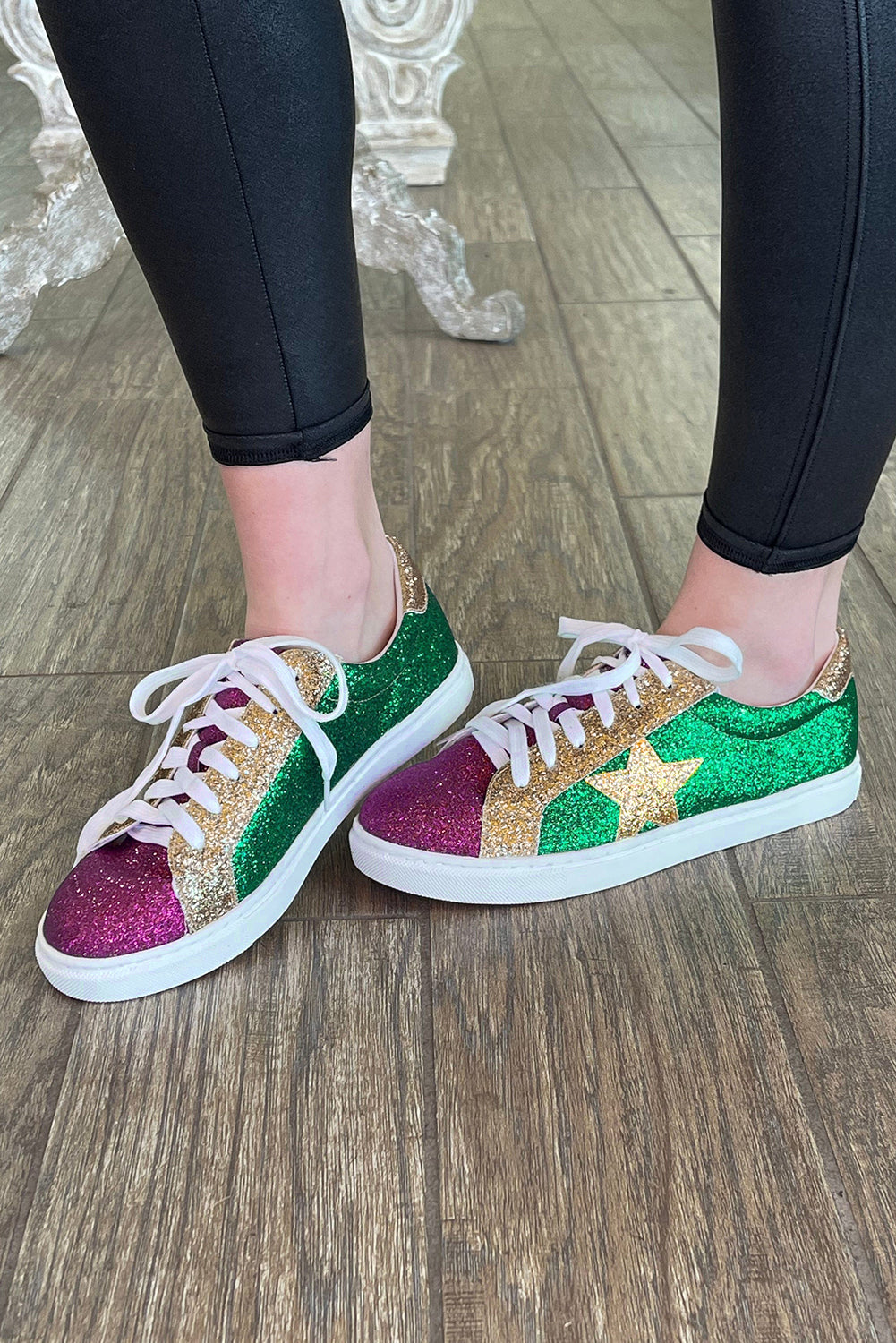Mardi Color Gras Triple Sequin Lace up Flat Shoes